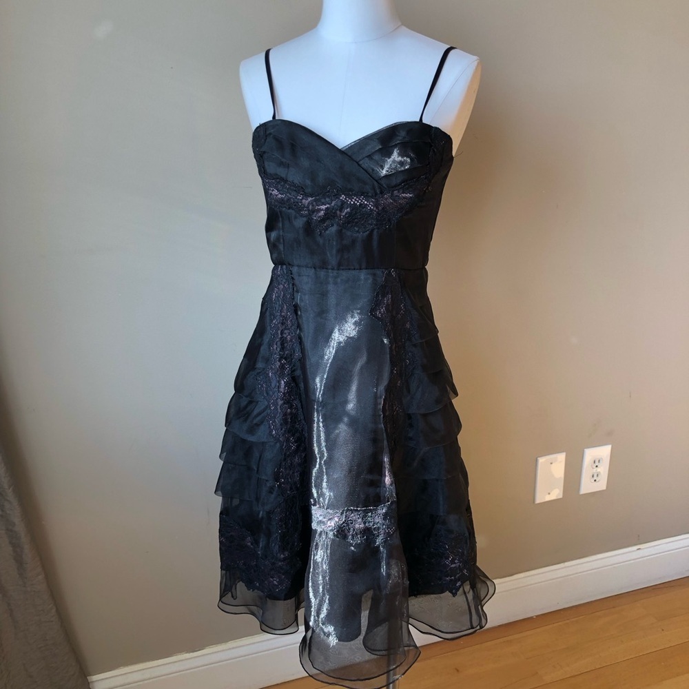 Vintage 80's Black Sheer Ruffle Lace Corset Organza Feminine Sexy Dress S